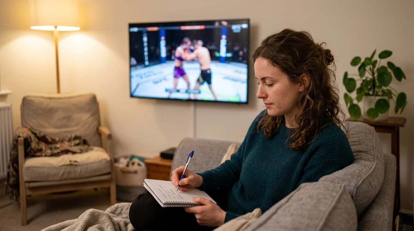 A thoughtful British bettor sitting on a sofa in soft evening light, writing monthly betting limits into a notebook with the television showing a UFC undercard in the background.