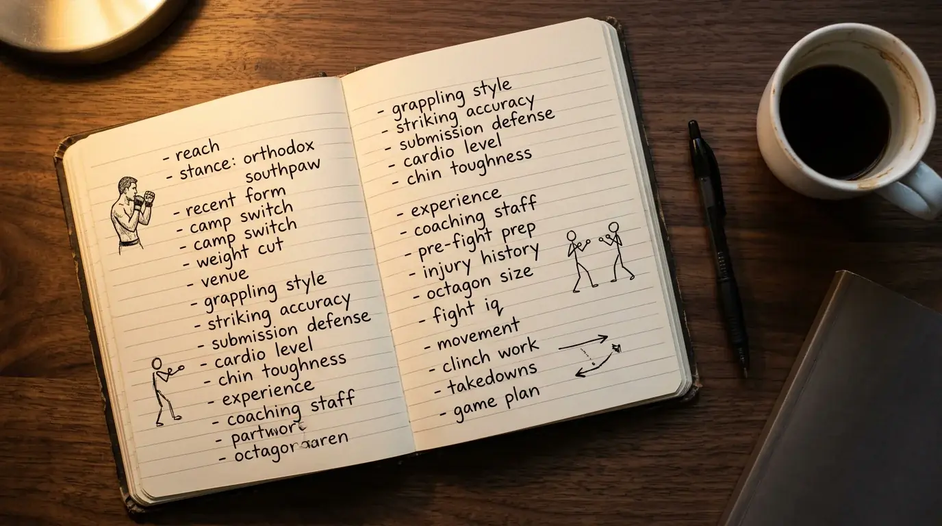 An open hardcover notebook on a wooden desk filled with handwritten fighter notes — reach, stance, recent form — beside a coffee cup and a paperback on combat sports analysis.