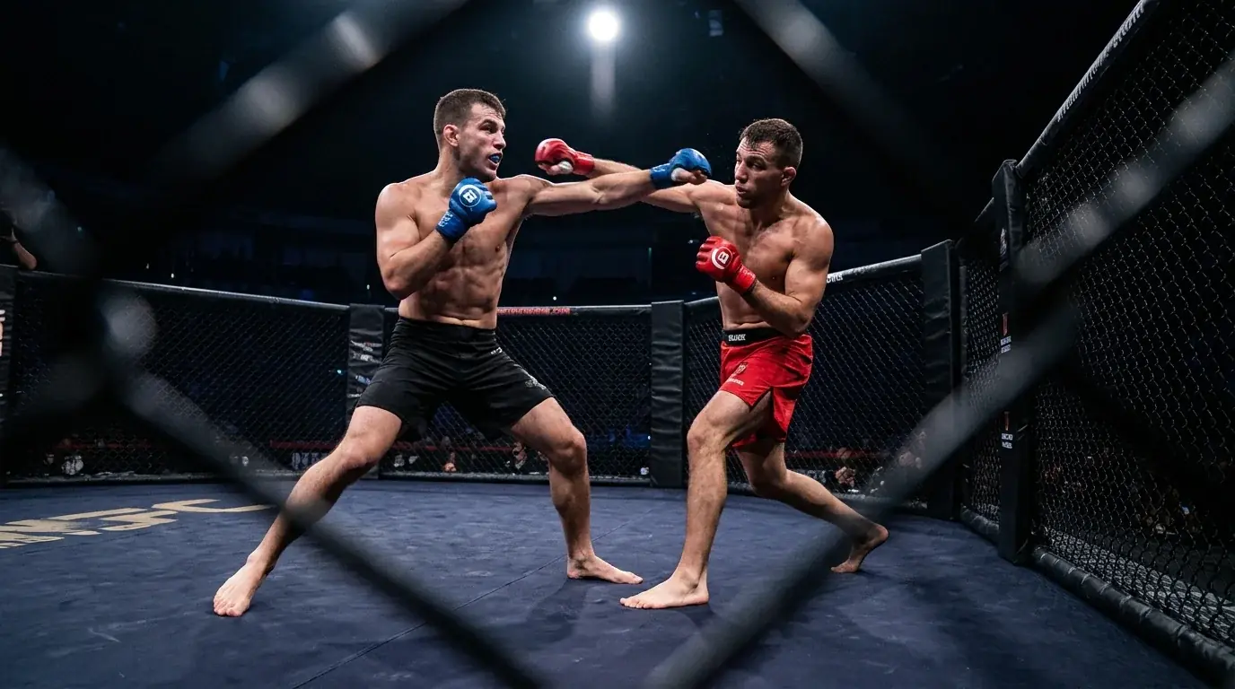 Two UFC fighters mid-exchange inside the octagon under arena spotlights, one driving a left hook while the other slips and counters along the cage fence.