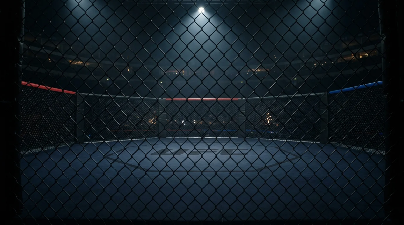 Empty UFC octagon under dramatic arena lighting before a fight night, cage canvas softly glowing under the lights.