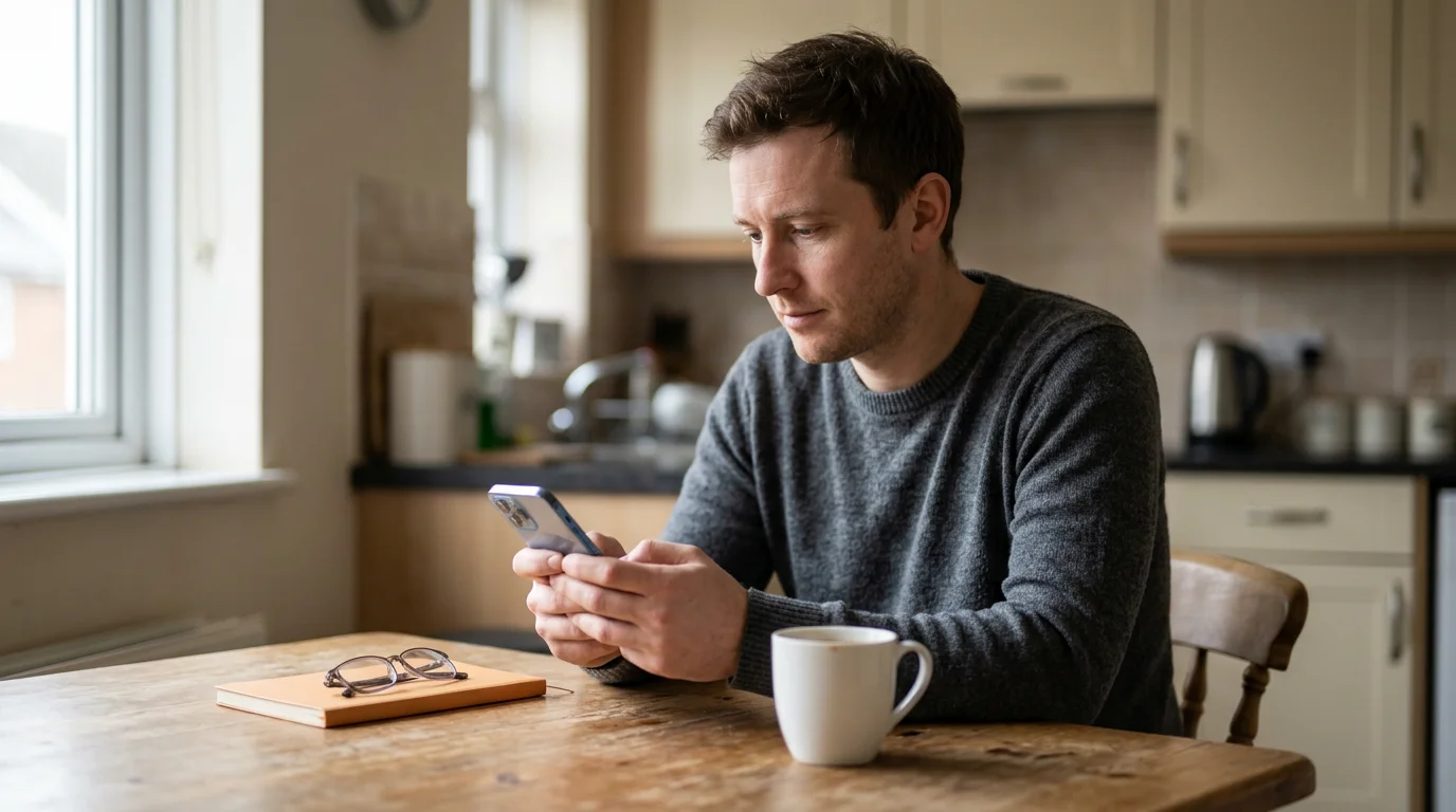A British bettor in their early thirties sitting at a kitchen table at home, holding a smartphone in both hands during the sign-up flow of a UFC sportsbook app.
