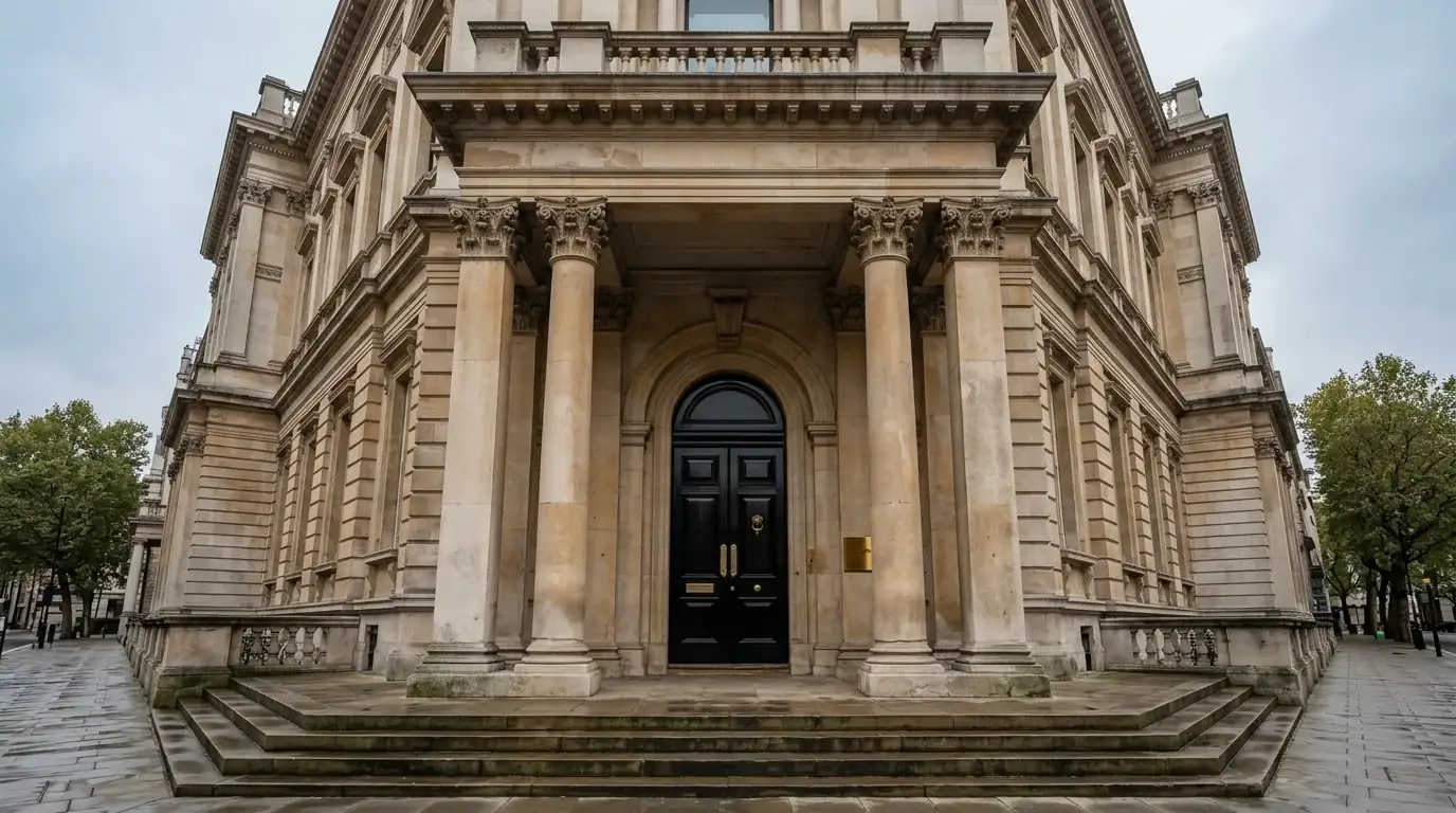 Stone facade of a British government building in Westminster on an overcast afternoon, symbolising UK Gambling Commission oversight.
